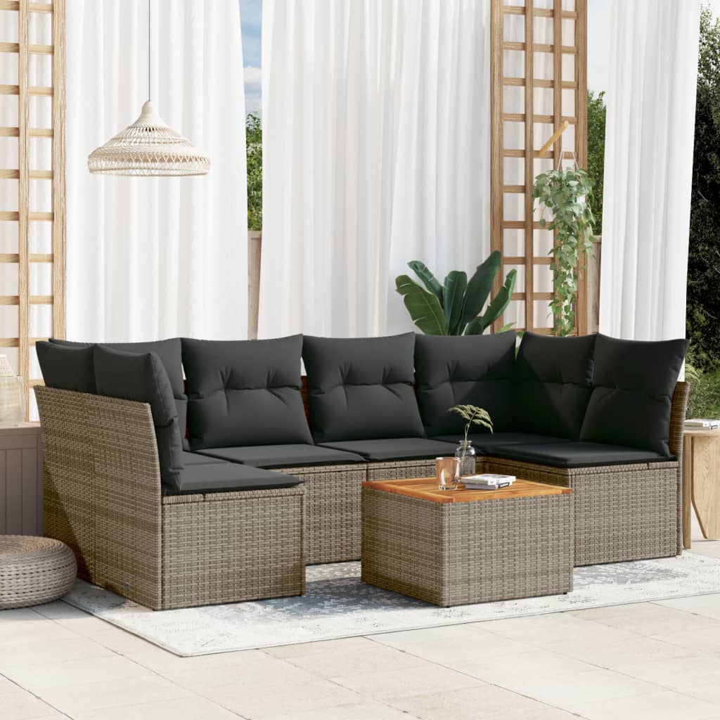 Salon de jardin avec coussins 7 pcs gris résine tressée