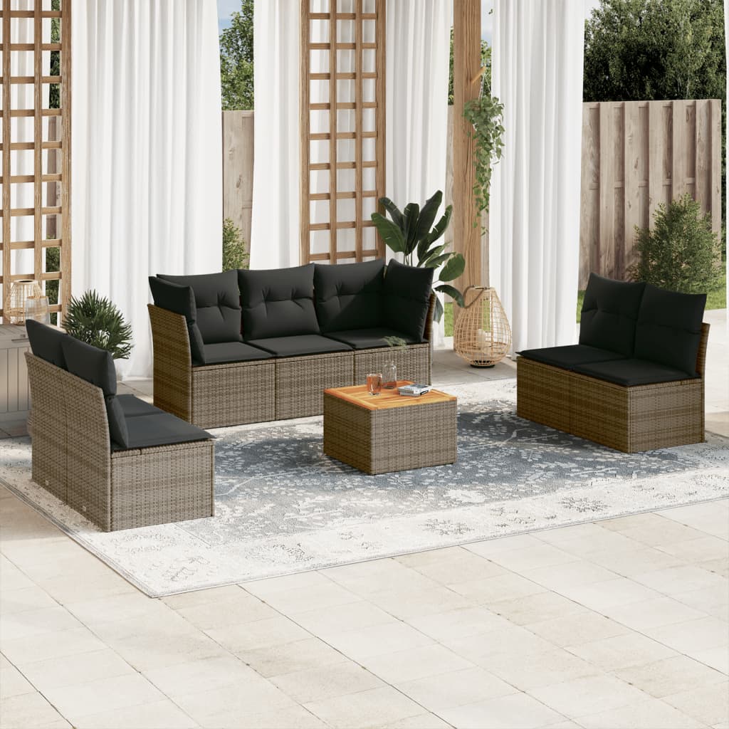 Salon de jardin 8 pcs avec coussins gris résine tressée