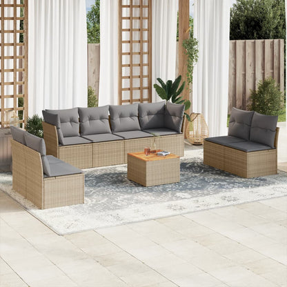 Salon de jardin avec coussins 9 pcs beige résine tressée