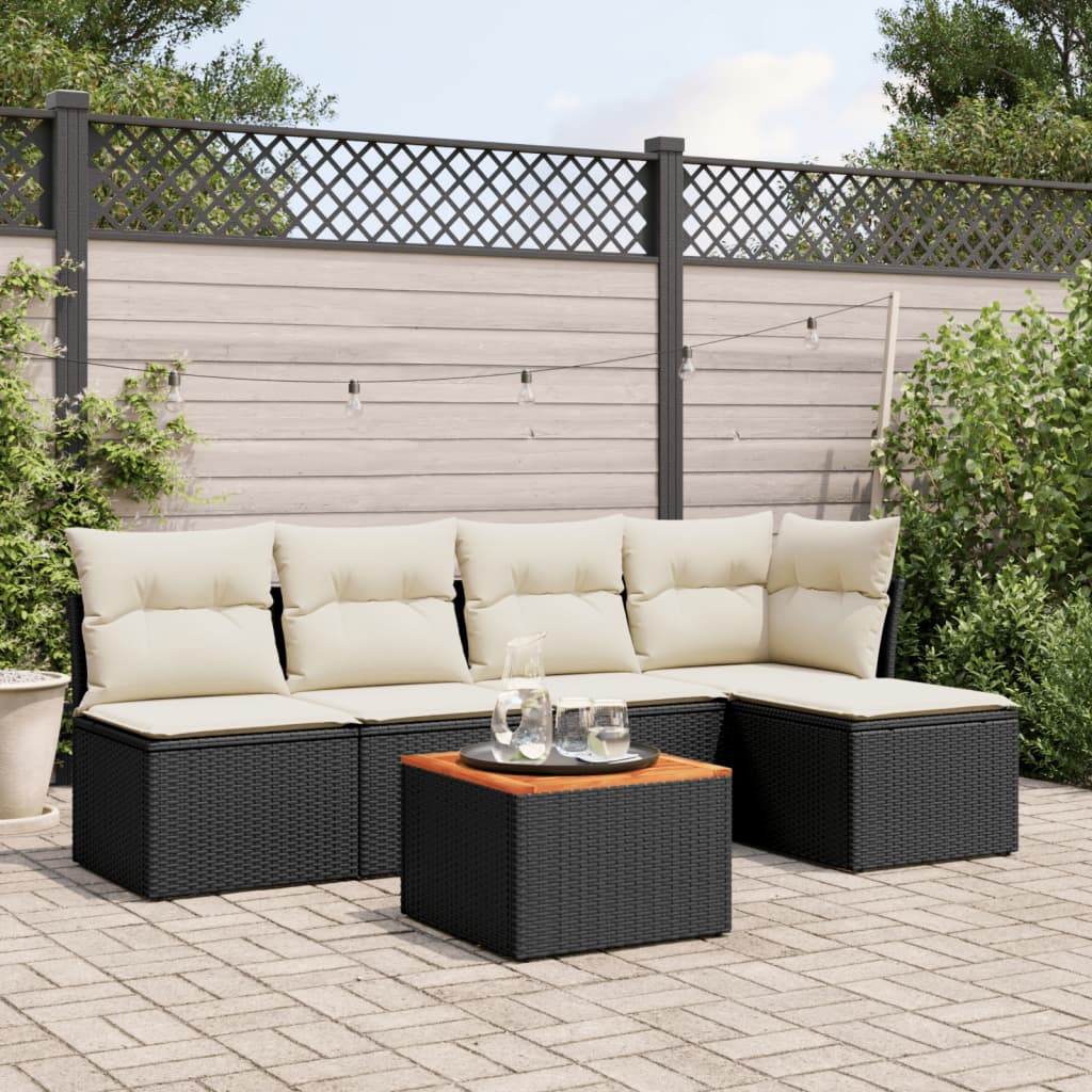 Salon de jardin 6 pcs avec coussins noir résine tressée