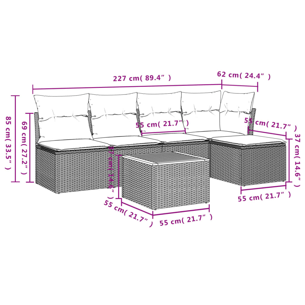 Salon de jardin avec coussins 6 pcs beige résine tressée