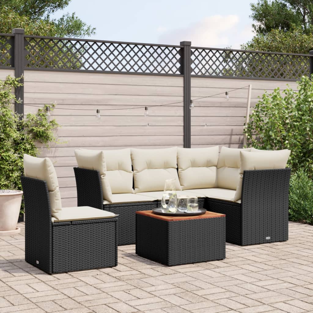 Salon de jardin 6 pcs avec coussins noir résine tressée