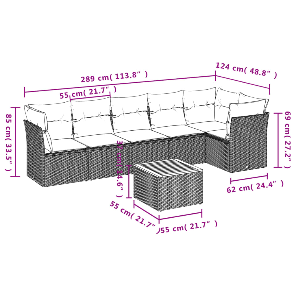 Salon de jardin avec coussins 7 pcs gris résine tressée