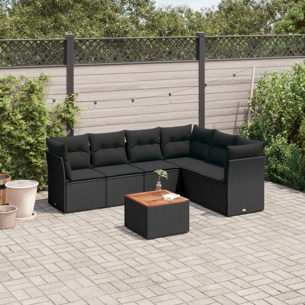 Salon de jardin 7 pcs avec coussins noir résine tressée