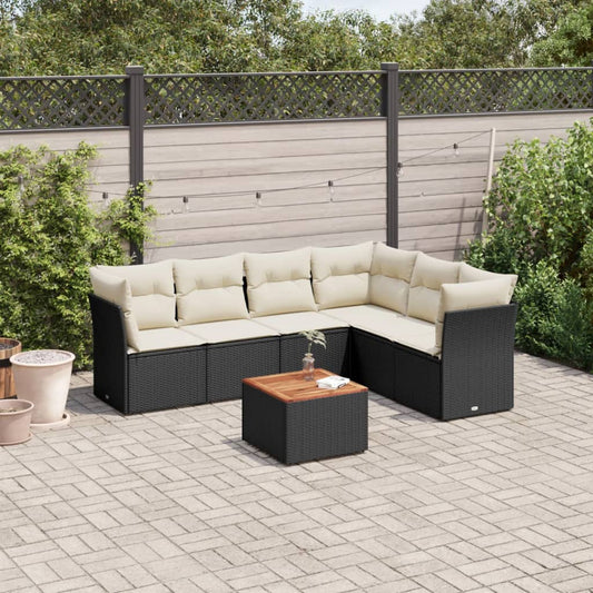 Salon de jardin 7 pcs avec coussins noir résine tressée