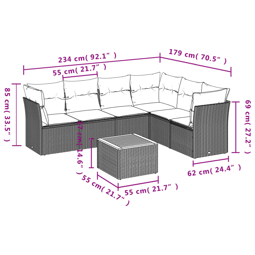 Salon de jardin avec coussins 7 pcs gris résine tressée