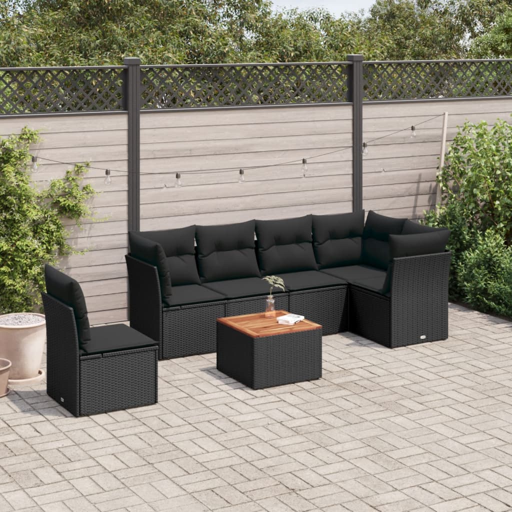 Salon de jardin 7 pcs avec coussins noir résine tressée