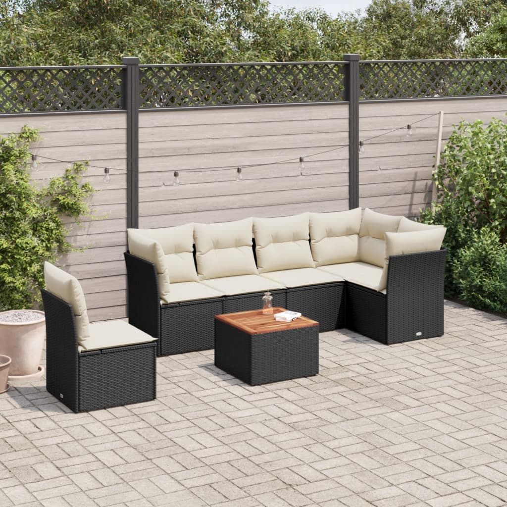 Salon de jardin 7 pcs avec coussins noir résine tressée