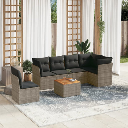 Salon de jardin avec coussins 7 pcs gris résine tressée