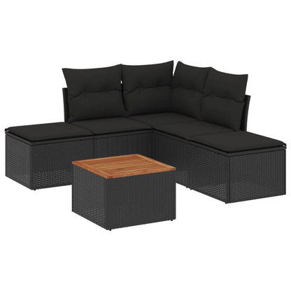 Salon de jardin 6 pcs avec coussins noir résine tressée