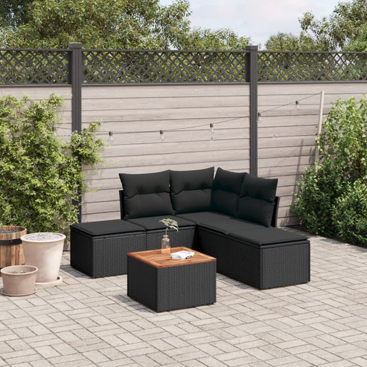 Salon de jardin 6 pcs avec coussins noir résine tressée