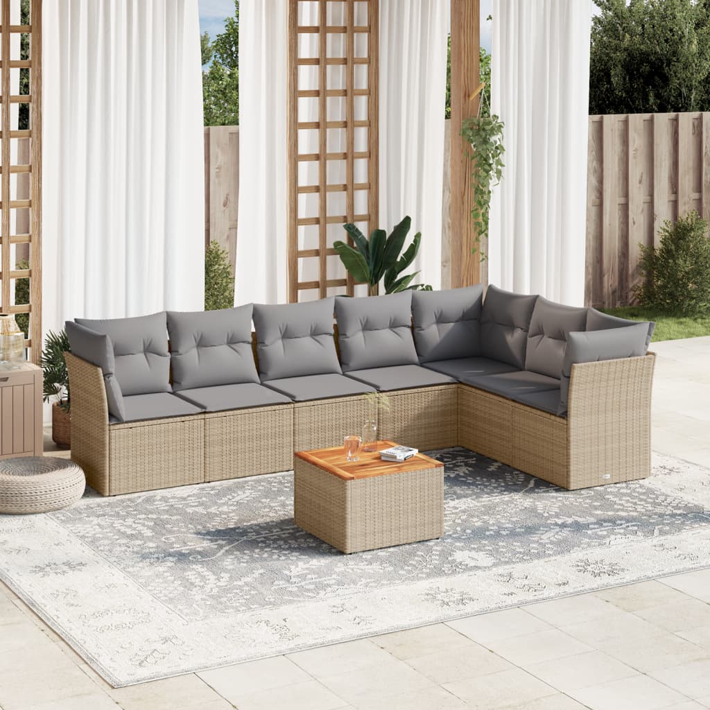 Salon de jardin avec coussins 8 pcs beige résine tressée