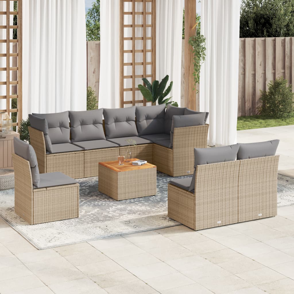 Salon de jardin avec coussins 9 pcs beige résine tressée