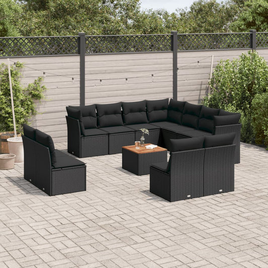 Salon de jardin 12 pcs avec coussins noir résine tressée