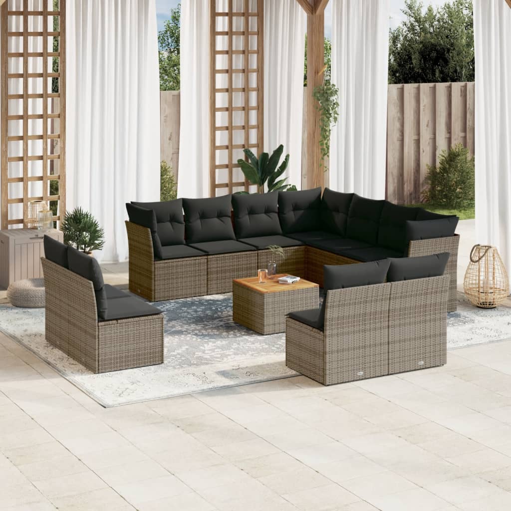 Salon de jardin avec coussins 12 pcs gris résine tressée