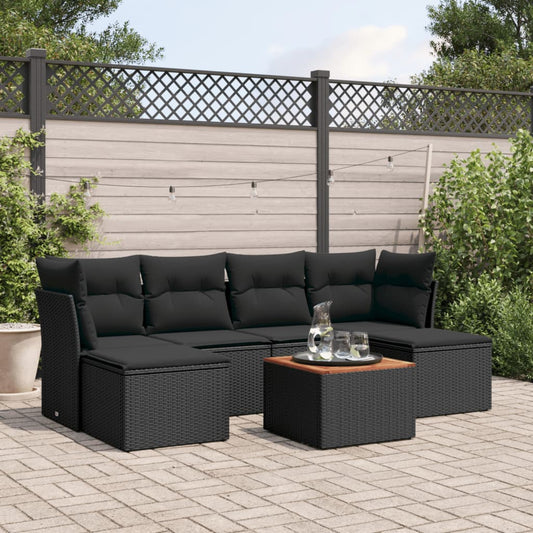 Salon de jardin 7 pcs avec coussins noir résine tressée