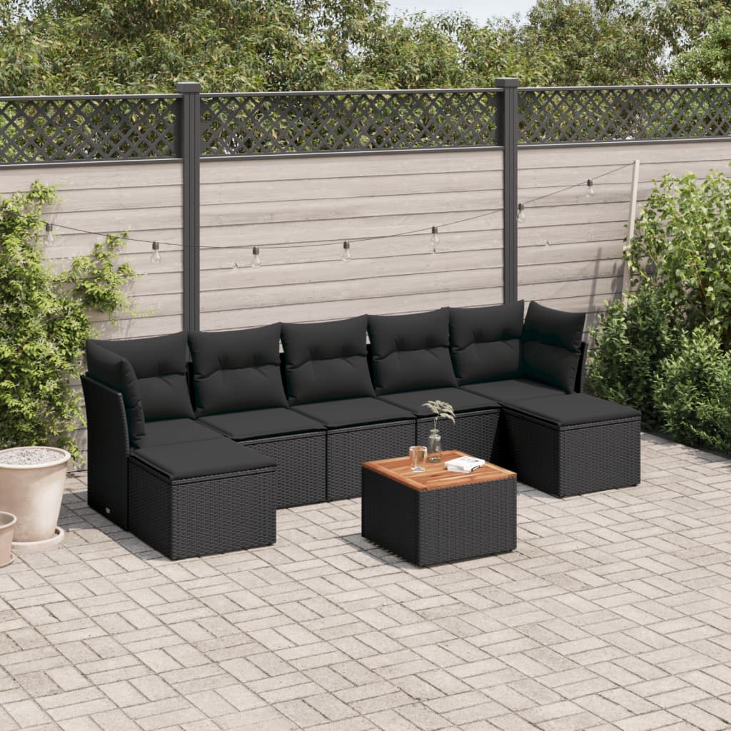 Salon de jardin 8 pcs avec coussins noir résine tressée