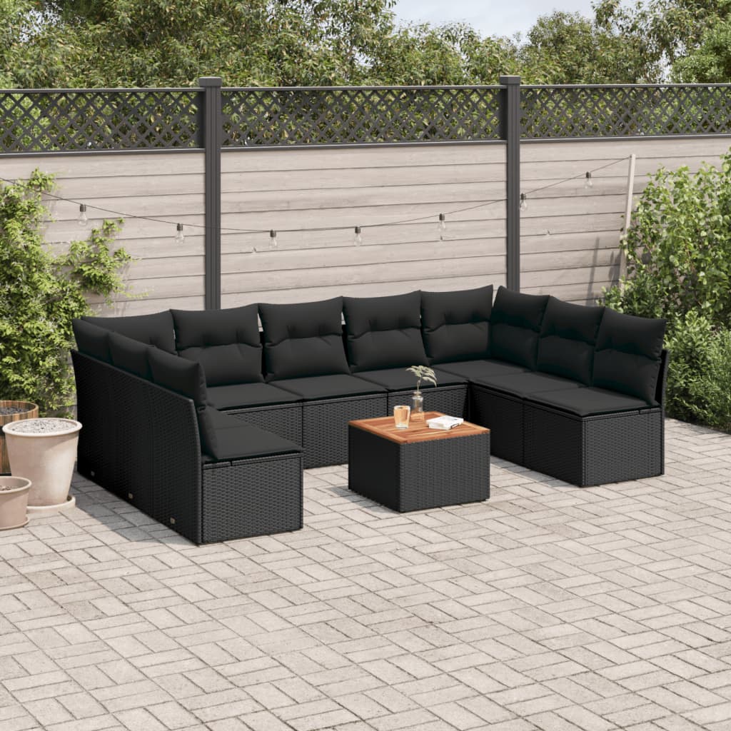 Salon de jardin 10 pcs avec coussins noir résine tressée