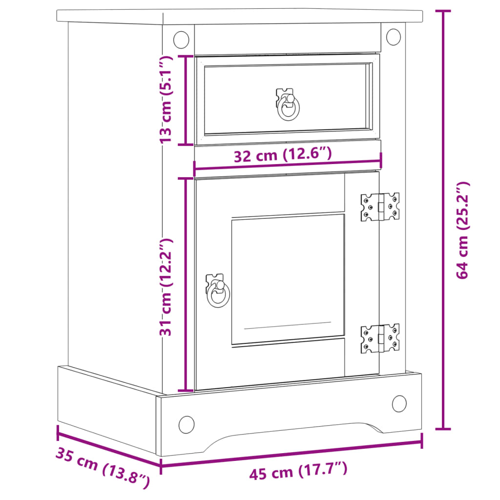 Table de chevet Corona 45x35x64 cm bois de pin massif