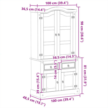 Vitrine en verre Corona 100x48,5x179 cm bois massif de pin