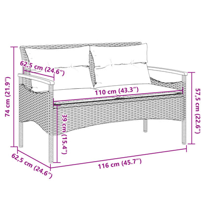 Banc de jardin avec coussins 116x62,5x74 cm noir résine tressée