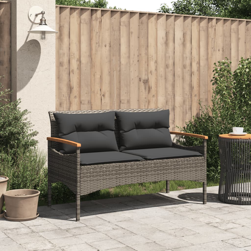 Banc de jardin avec coussins 116x62,5x74 cm gris résine tressée