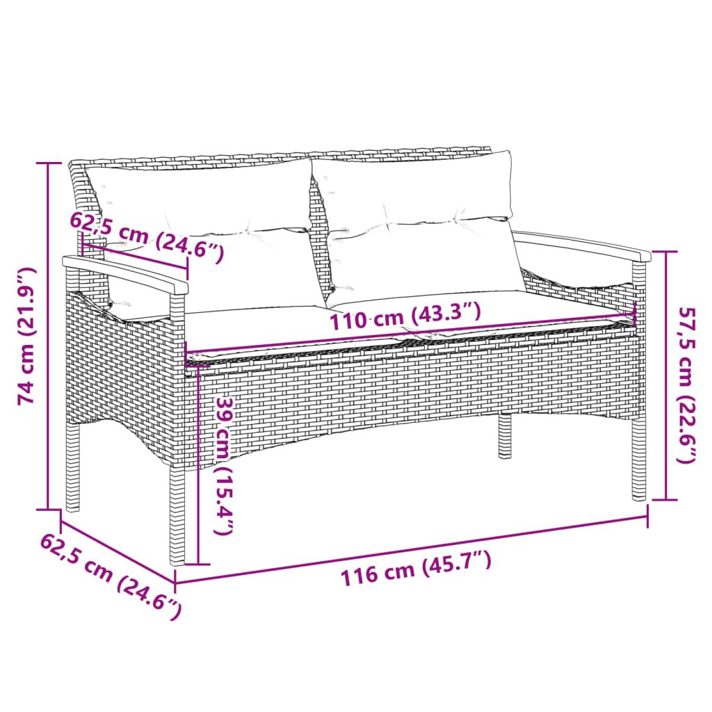 Banc de jardin avec coussins 116x62,5x74 cm gris résine tressée