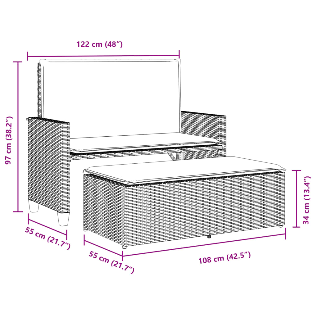 Banc de jardin avec coussins et repose-pied noir résine tressée