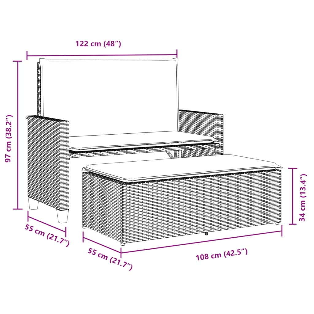 Banc de jardin avec coussins et repose-pied gris résine tressée