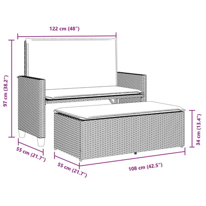 Banc de jardin avec coussins et repose-pied gris résine tressée