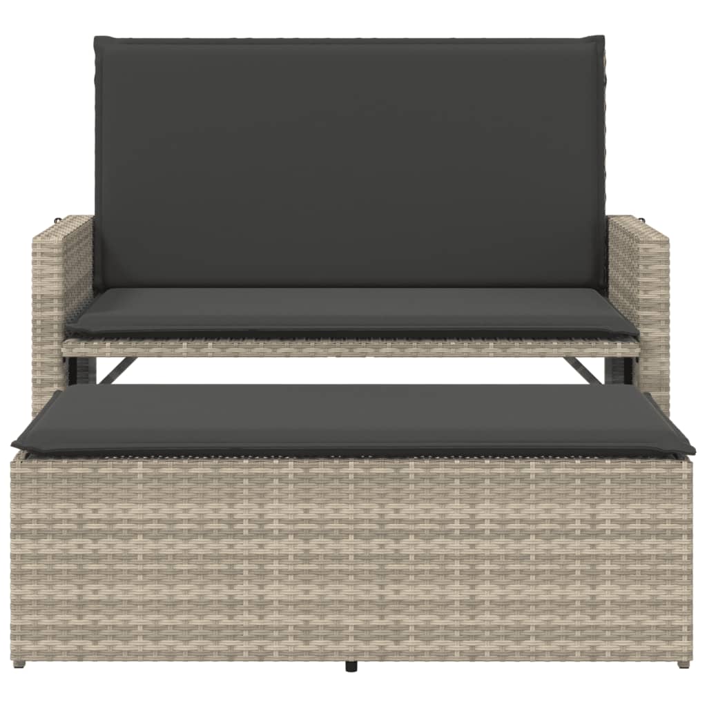 Banc de jardin et coussins et repose-pied gris clair poly rotin