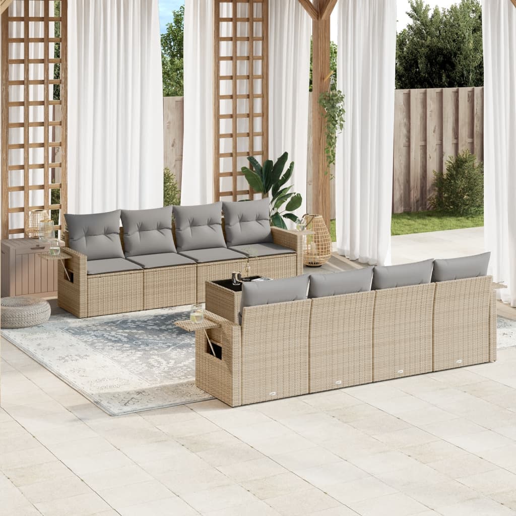 Salon de jardin avec coussins 9 pcs beige résine tressée