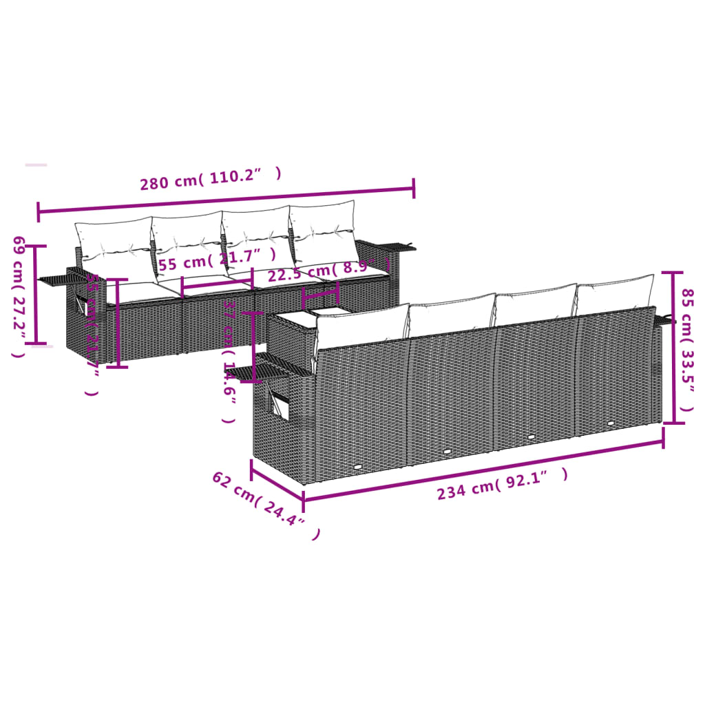 Salon de jardin avec coussins 9 pcs marron résine tressée