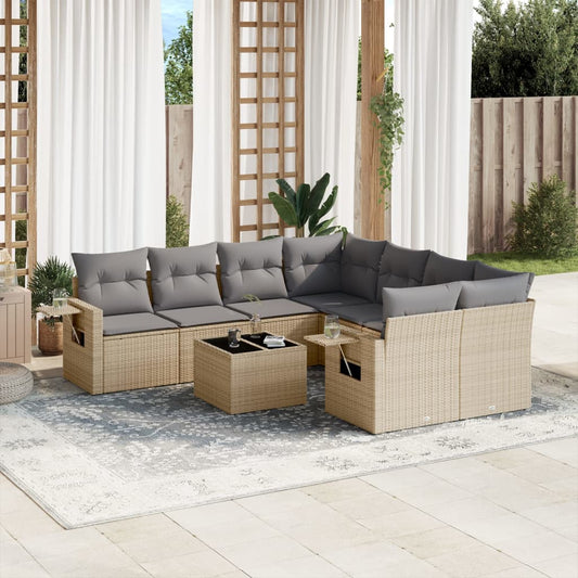 Salon de jardin avec coussins 9 pcs beige résine tressée