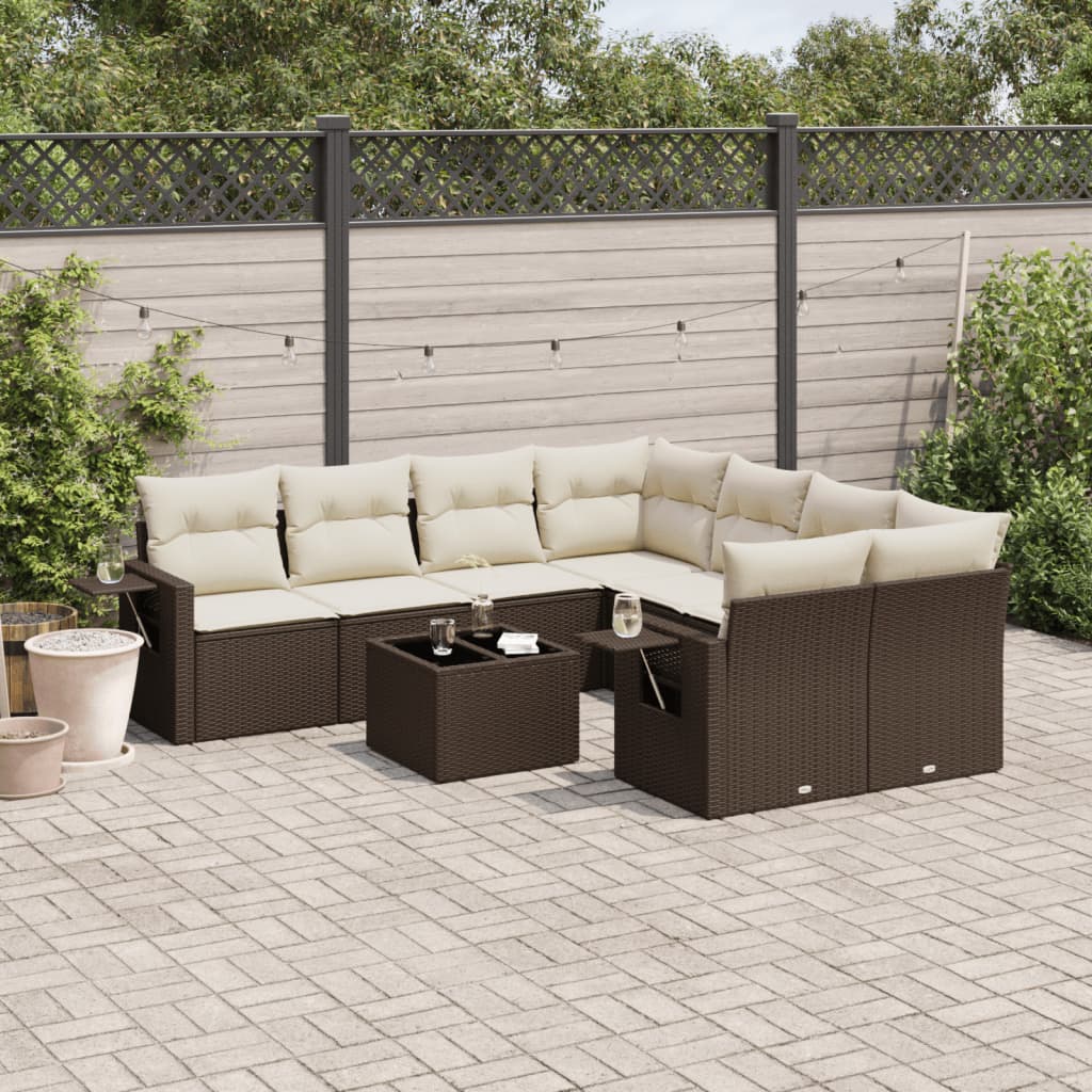 Salon de jardin avec coussins 9 pcs marron résine tressée