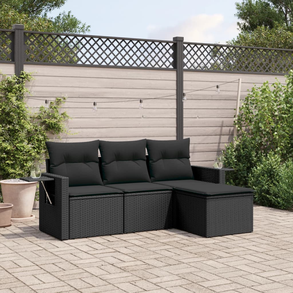 Salon de jardin 4 pcs avec coussins noir résine tressée