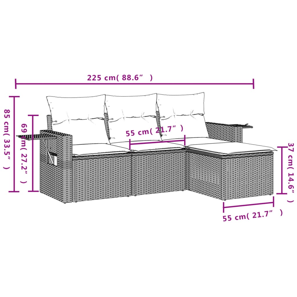 Salon de jardin 4 pcs avec coussins marron résine tressée