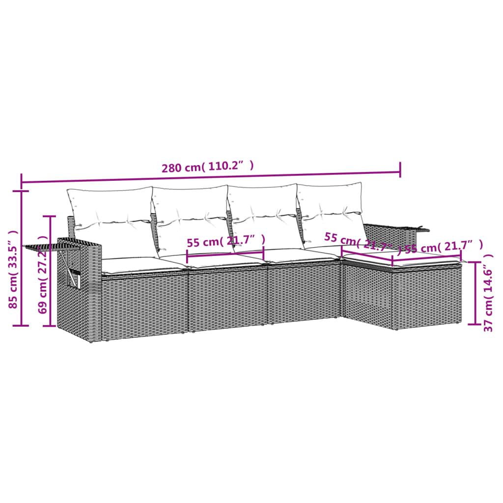 Salon de jardin avec coussins 5 pcs marron résine tressée