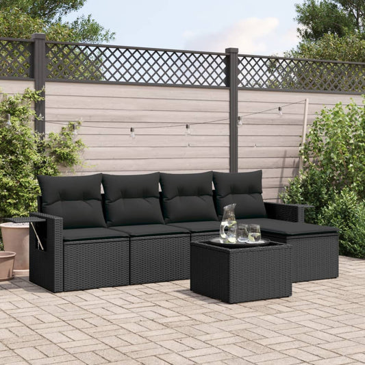 Salon de jardin 6 pcs avec coussins noir résine tressée