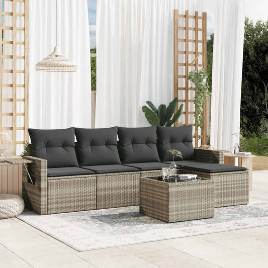 Salon de jardin 6 pcs avec coussins gris clair résine tressée