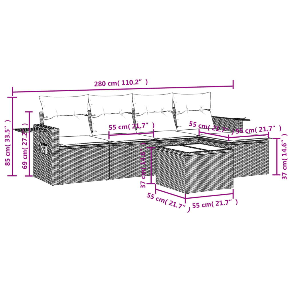 Salon de jardin avec coussins 6 pcs marron résine tressée