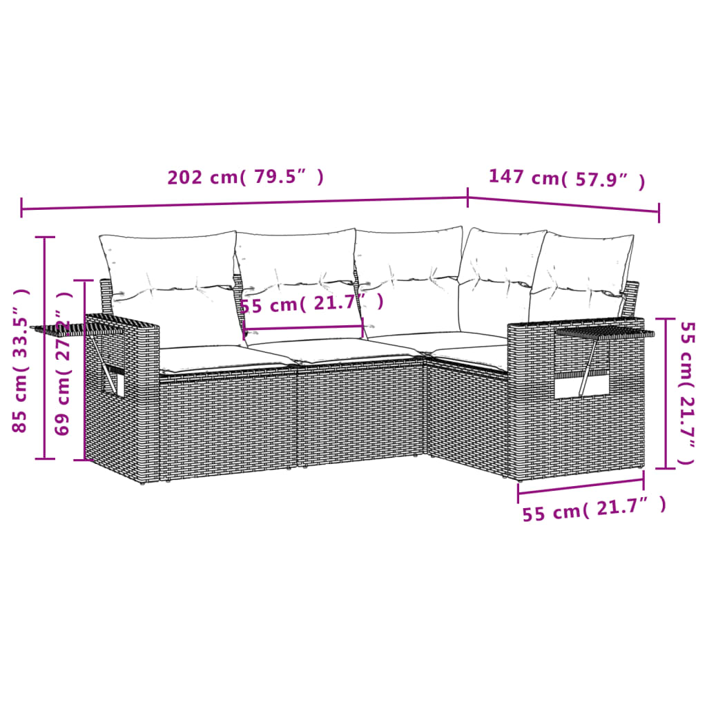 Salon de jardin 4 pcs avec coussins marron résine tressée