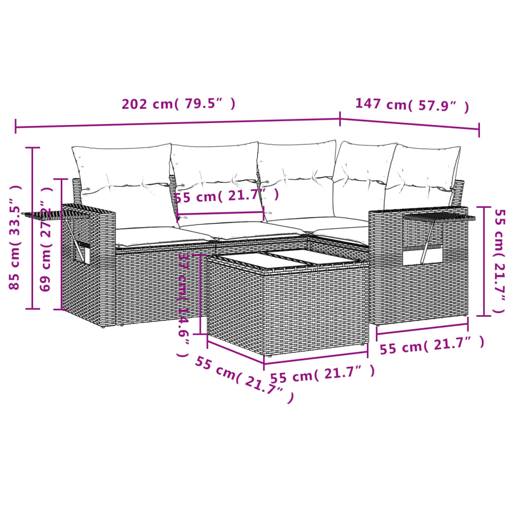 Salon de jardin avec coussins 5 pcs beige résine tressée