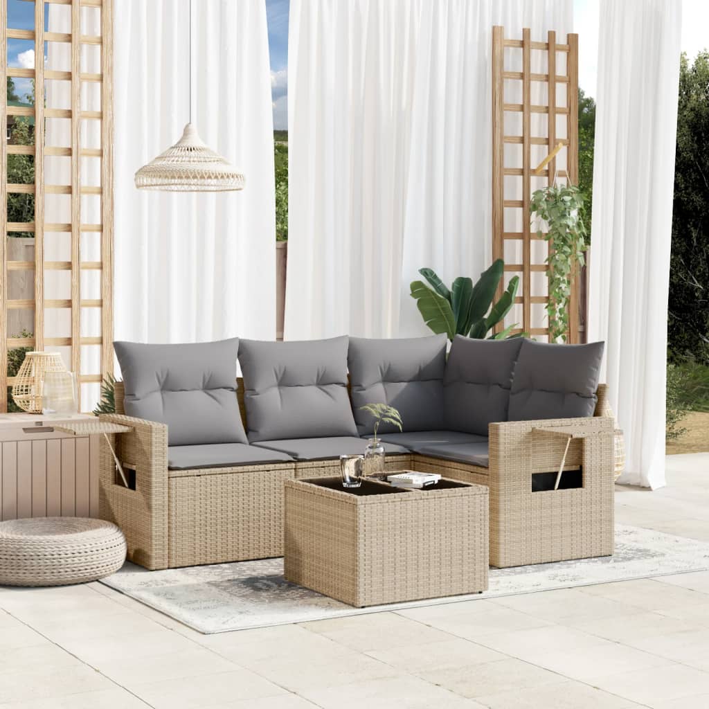 Salon de jardin avec coussins 5 pcs beige résine tressée