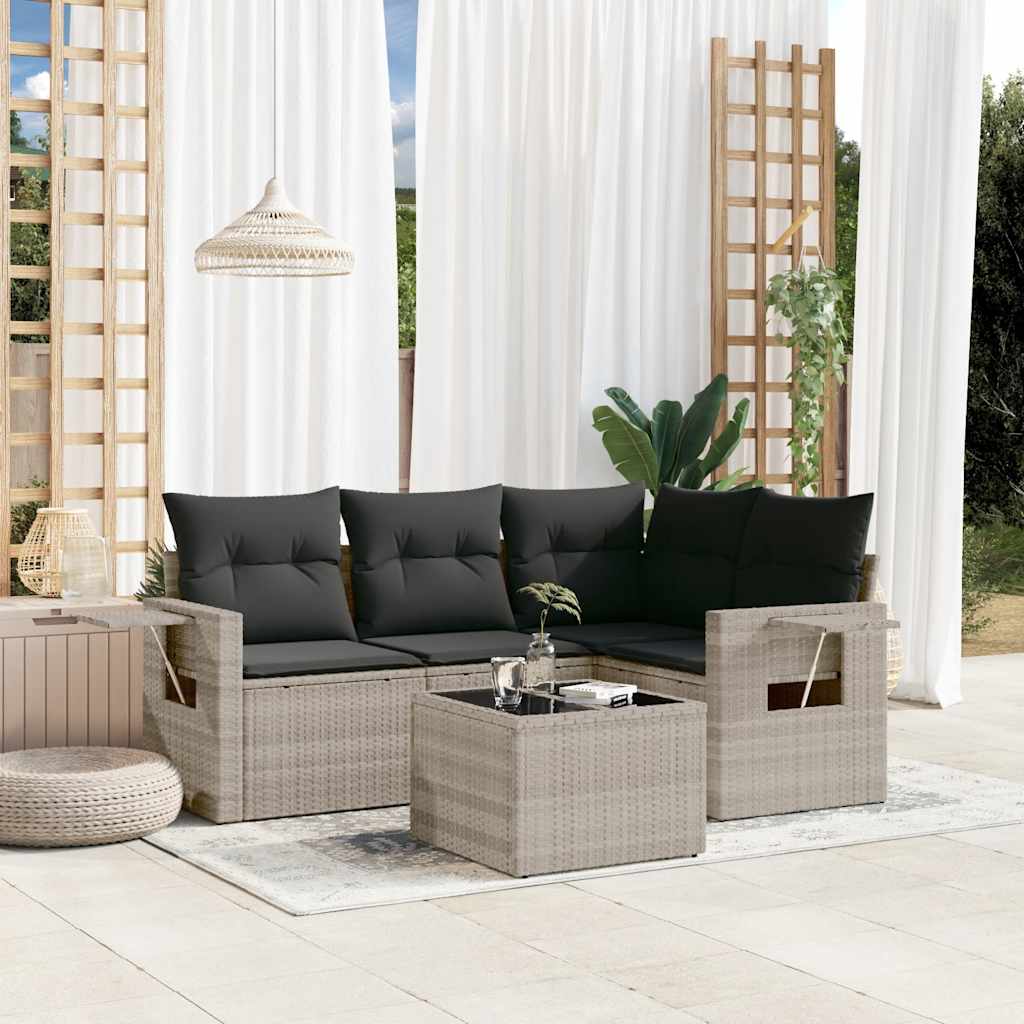 Salon de jardin 5 pcs avec coussins gris clair résine tressée