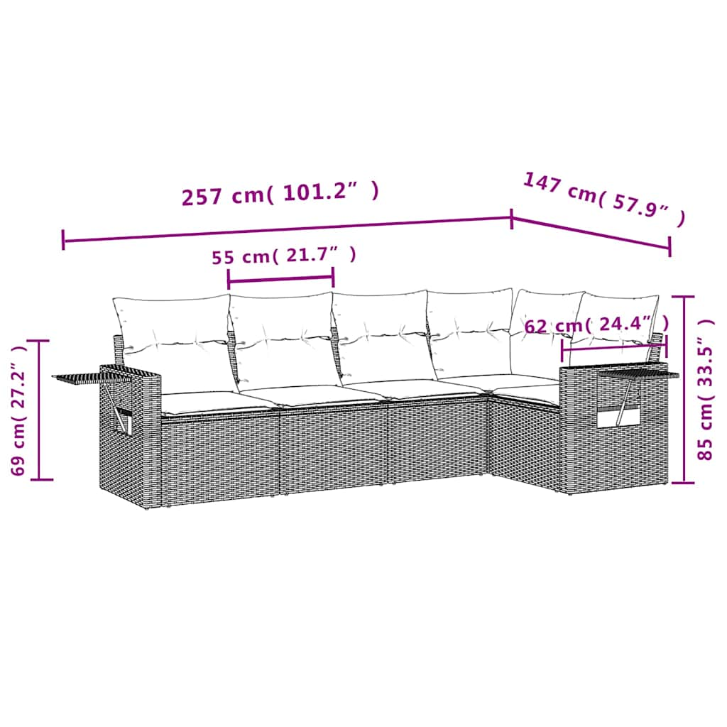 Salon de jardin 5 pcs avec coussins gris clair résine tressée