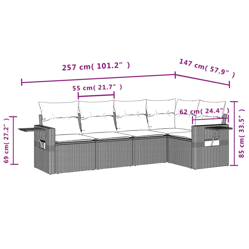 Salon de jardin avec coussins 5 pcs marron résine tressée