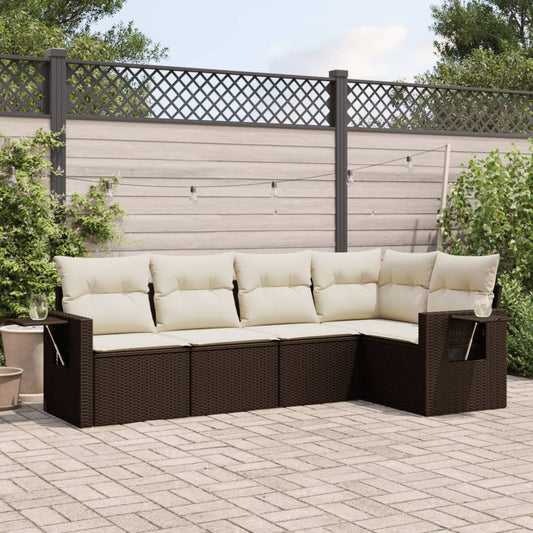 Salon de jardin avec coussins 5 pcs marron résine tressée