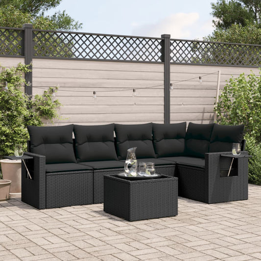 Salon de jardin 6 pcs avec coussins noir résine tressée