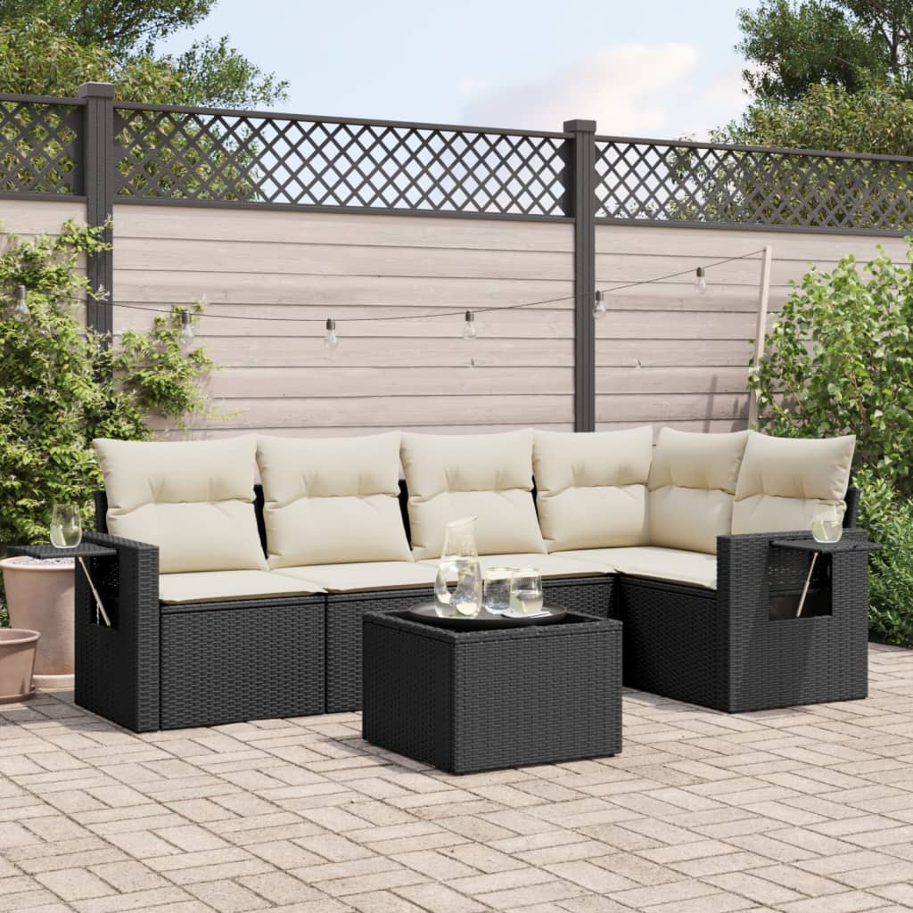 Salon de jardin 6 pcs avec coussins noir résine tressée